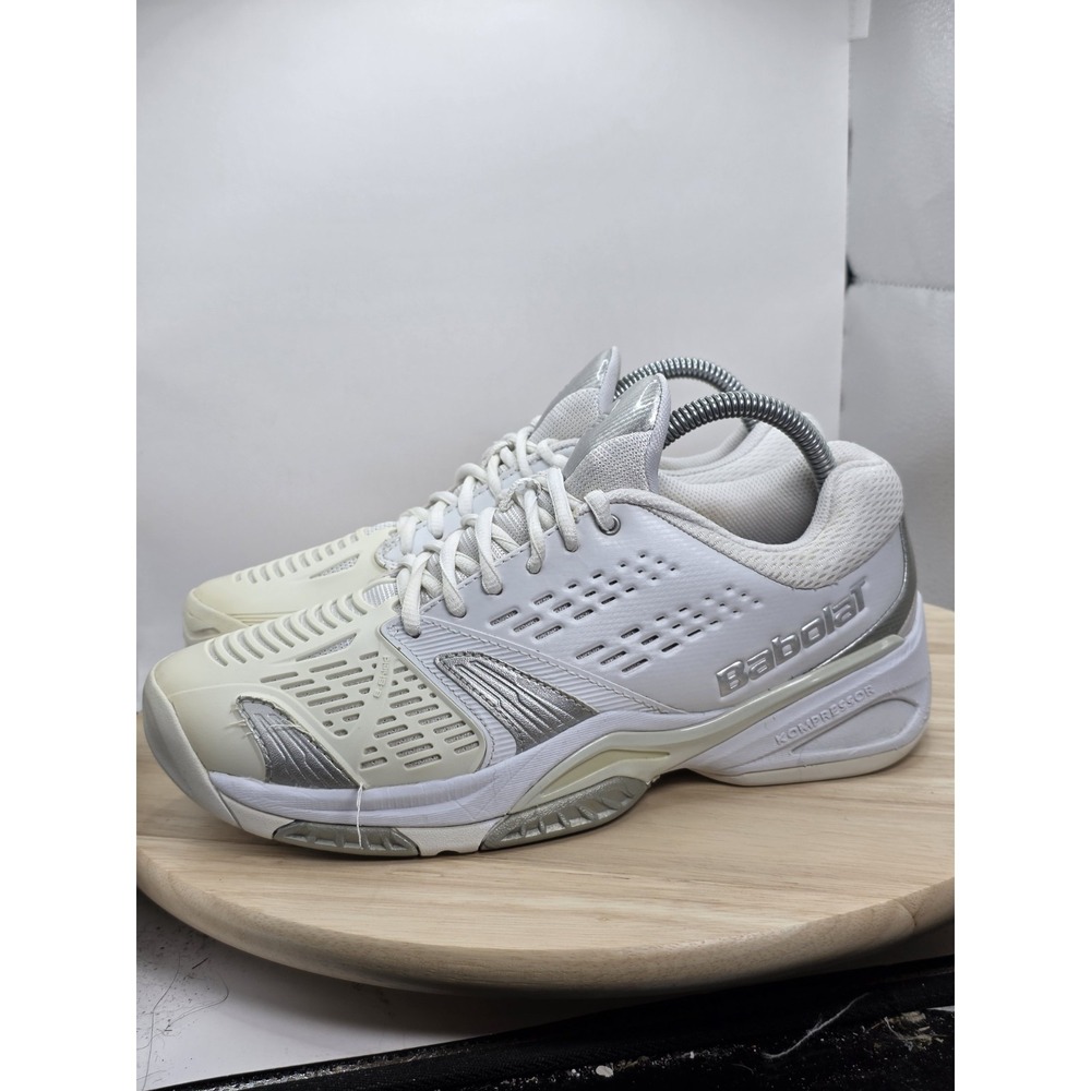 Womens 9 - Babolat Tennis Pickleball‎  Shoes Kompressor White Silver Sneaker